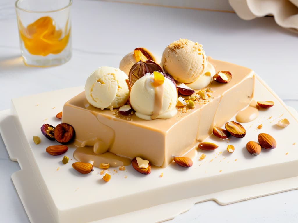  A stunning closeup shot of a scoop of creamy homemade turrón ice cream delicately placed on a marble slab, with crushed almonds and bits of nougat scattered around it. The soft natural light highlights the rich texture of the dessert, showcasing its velvety smoothness and nutty toppings. The minimalist composition focuses on the intricate details of the dessert, inviting the viewer to indulge in the decadent flavors of this frozen delight. hyperrealistic, full body, detailed clothing, highly detailed, cinematic lighting, stunningly beautiful, intricate, sharp focus, f/1. 8, 85mm, (centered image composition), (professionally color graded), ((bright soft diffused light)), volumetric fog, trending on instagram, trending on tumblr, HDR 4K, 8K