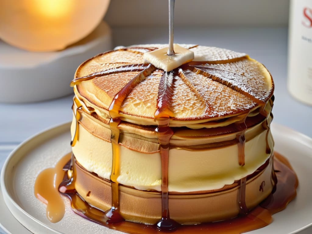  A closeup, ultradetailed image of a decadent maple syrup drizzle cascading down the side of a stack of fluffy pancakes, creating a glossy, irresistible sheen under soft, diffused lighting. The focus is on the intricate patterns formed by the syrup as it slowly runs down the edges, highlighting the golden hues and capturing the moment of indulgence in exquisite detail. hyperrealistic, full body, detailed clothing, highly detailed, cinematic lighting, stunningly beautiful, intricate, sharp focus, f/1. 8, 85mm, (centered image composition), (professionally color graded), ((bright soft diffused light)), volumetric fog, trending on instagram, trending on tumblr, HDR 4K, 8K