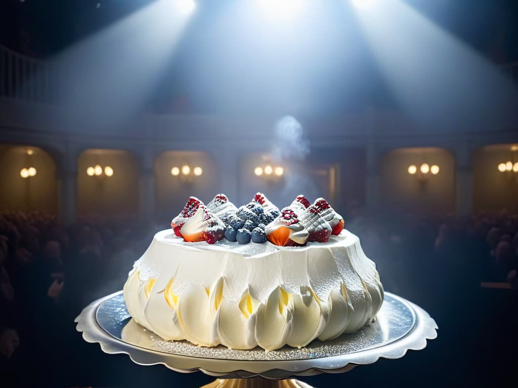  A photorealistic image of Anna Pavlova, the famous Russian ballerina, delicately holding a freshly baked pavlova dessert on a silver platter. She is elegantly dressed in a flowing white tutu, with a serene expression on her face as she presents the iconic meringue dessert to a captivated audience. The pavlova is adorned with a generous topping of fresh berries and a light dusting of powdered sugar, glistening under the spotlight of a grand stage. The background is a dimly lit theater, with shadowy figures in the audience watching in awe. hyperrealistic, full body, detailed clothing, highly detailed, cinematic lighting, stunningly beautiful, intricate, sharp focus, f/1. 8, 85mm, (centered image composition), (professionally color graded), ((bright soft diffused light)), volumetric fog, trending on instagram, trending on tumblr, HDR 4K, 8K