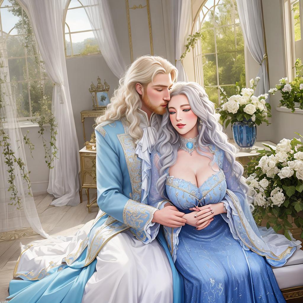  masterpiece, best quality, (Fidelity: 1.4), Best Quality, Masterpiece, Ultra High Resolution, Poster, Fantasy Art, Very Detailed Faces, 8k resolution create a photorealistic image of a kissing couple in love. The woman has platinum hair, blue eyes, and is wearing a magical dress, and the man has slightly curly blond hair and facial hair, and he is wearing elegant royal clothes. In the background you can see the interior of the royal bedroom, a huge window onto the royal garden and rays of sunlight shining through the window.