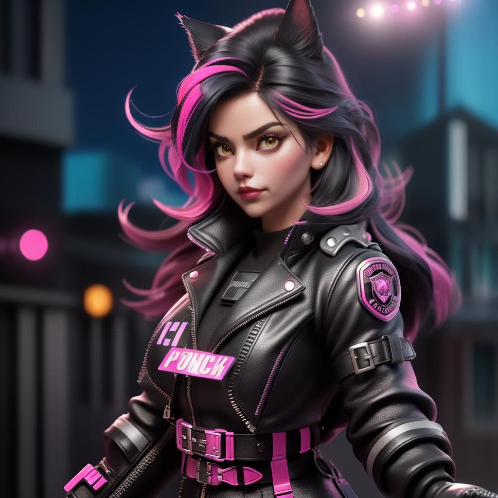  youg woman catgirl , black leather boots she loves her pink jacket, jumps from the top of the roof, she's a police officer running to catch the villain, , hyperrealistic, high quality, highly detailed, cinematic lighting, intricate, sharp focus, f/1. 8, 85mm, (centered image composition), (professionally color graded), ((bright soft diffused light)), volumetric fog, trending on instagram, HDR 4K, 8K