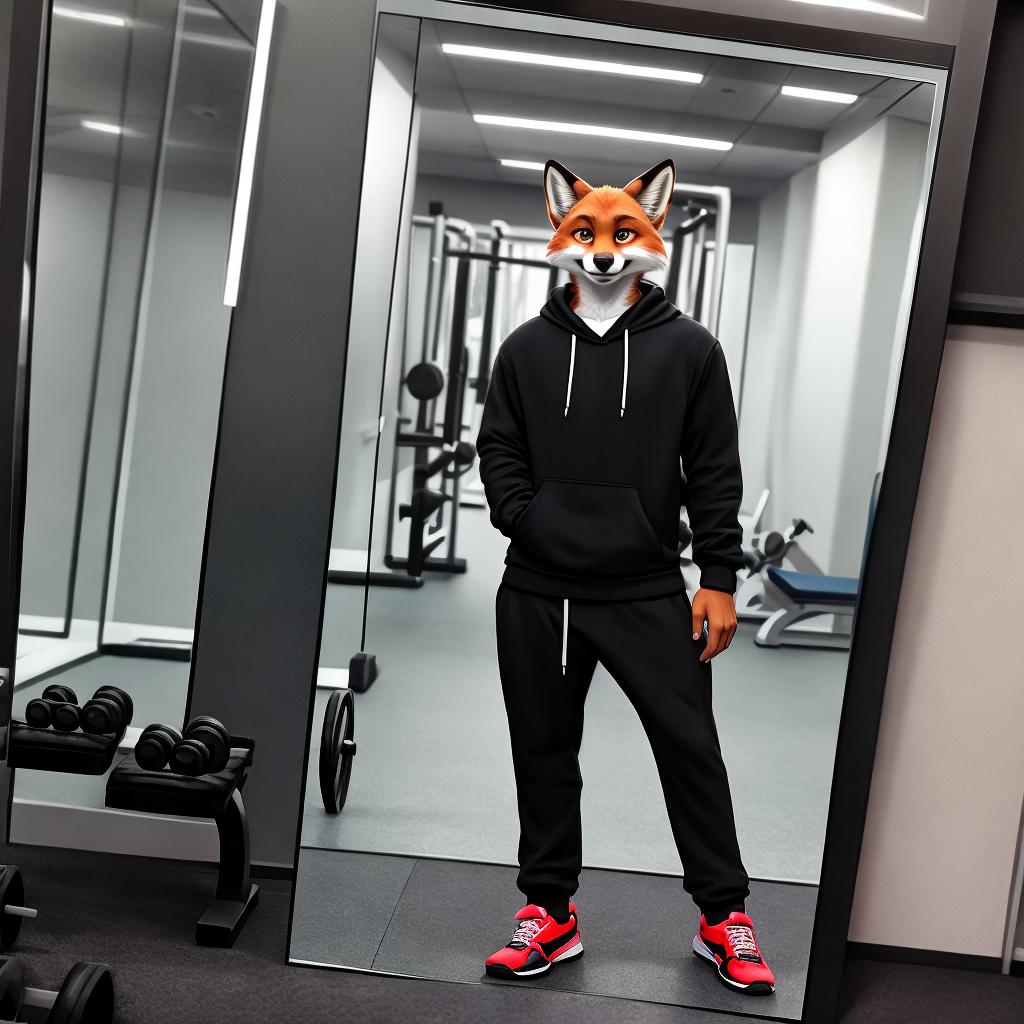  as a cinematic render, Anthro male fox, sweatshirt, sweatpants, in a gym, selfie, in mirror, smiling, full length portrait hyperrealistic, detailed clothing, 4K, 8K