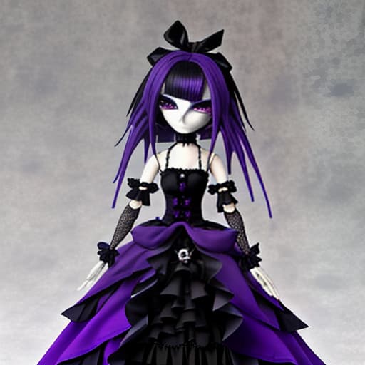  a gothic anime puppet with dark purple hair with royal blue at the ends, wears a dark royal blue dress with black and purple