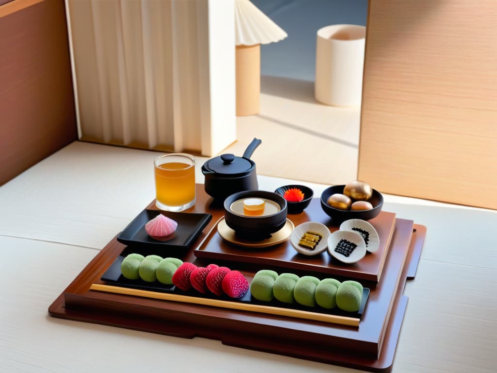  A serene image showcasing a traditional Japanese tea ceremony in a tranquil tatami room, featuring an elegant tea set with delicate wagashi sweets placed on a simple, wooden tray. The soft natural light filtering through a shoji screen illuminates the scene, highlighting the intricate designs of the sweets and creating a peaceful ambiance that invites contemplation and appreciation of the artistry behind Japanese desserts. hyperrealistic, full body, detailed clothing, highly detailed, cinematic lighting, stunningly beautiful, intricate, sharp focus, f/1. 8, 85mm, (centered image composition), (professionally color graded), ((bright soft diffused light)), volumetric fog, trending on instagram, trending on tumblr, HDR 4K, 8K