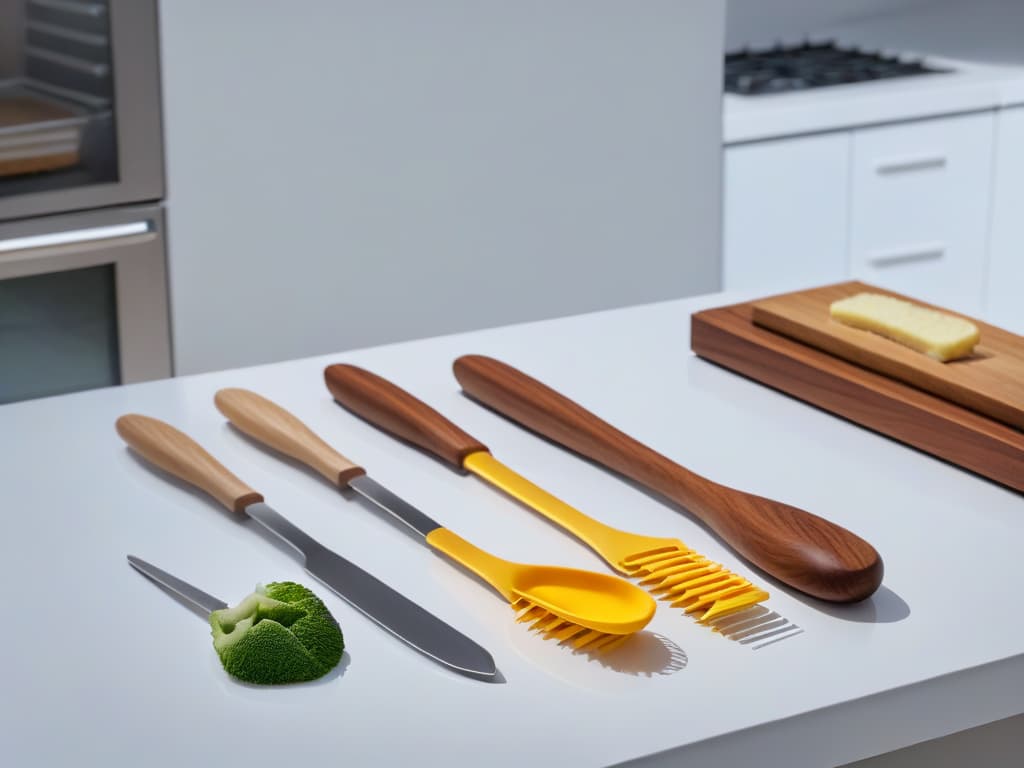  An ultradetailed 8k image of a variety of highquality pastry spatulas elegantly arranged on a sleek, modern kitchen countertop. The spatulas, in different shapes and sizes, showcase their ergonomic handles and versatile blade designs, reflecting the precision and craftsmanship of each tool. The image captures the essence of professional baking equipment, with subtle lighting enhancing the sleek and minimalistic aesthetic of the scene. hyperrealistic, full body, detailed clothing, highly detailed, cinematic lighting, stunningly beautiful, intricate, sharp focus, f/1. 8, 85mm, (centered image composition), (professionally color graded), ((bright soft diffused light)), volumetric fog, trending on instagram, trending on tumblr, HDR 4K, 8K