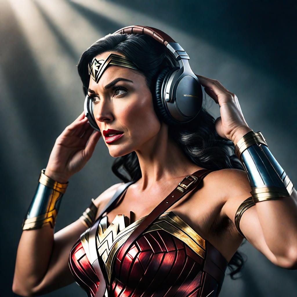 wonder woman wearing headphones, hands on ears, looking up, close up, dramatic shadows hyperrealistic, full body, detailed clothing, highly detailed, cinematic lighting, stunningly beautiful, intricate, sharp focus, f/1. 8, 85mm, (centered image composition), (professionally color graded), ((bright soft diffused light)), volumetric fog, trending on instagram, trending on tumblr, HDR 4K, 8K
