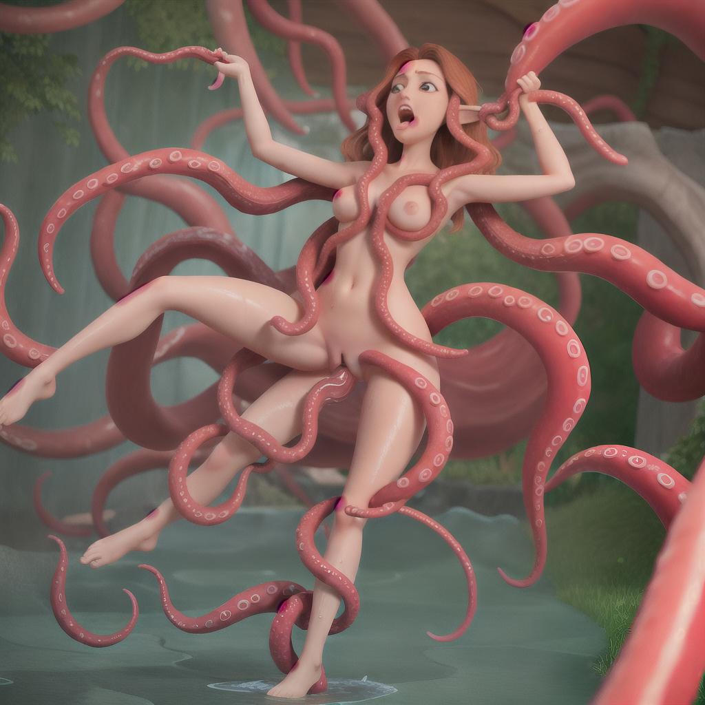  masterpiece, best quality, naked woman, legs open wide, wet, tentacles fucking her vagina, arms tied, giant tentscles