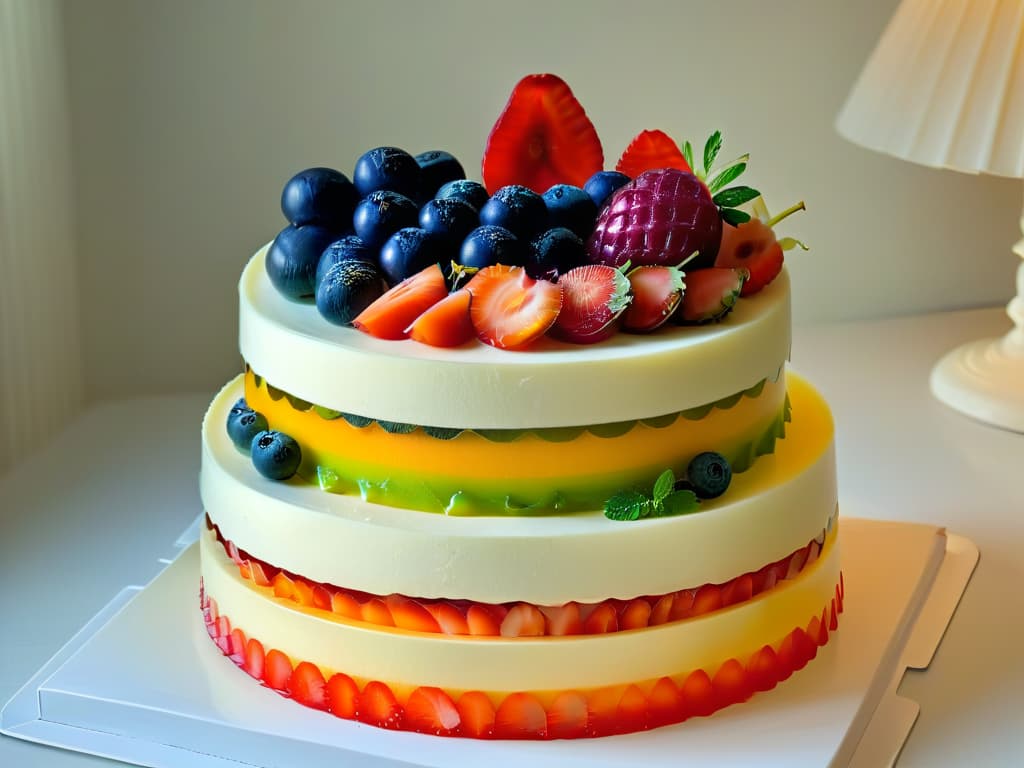  An intricate, highresolution photograph showcasing multiple layers of colorful gelatin desserts stacked elegantly on top of each other. Each layer is perfectly transparent, allowing a glimpse of the different fruits and textures captured within, creating a mesmerizing and visually striking composition. The lighting is soft, highlighting the vibrant hues and intricate details of each individual gelatin layer, emphasizing the technical skill and artistry required to master the multiple gelification technique in layered desserts. hyperrealistic, full body, detailed clothing, highly detailed, cinematic lighting, stunningly beautiful, intricate, sharp focus, f/1. 8, 85mm, (centered image composition), (professionally color graded), ((bright soft diffused light)), volumetric fog, trending on instagram, trending on tumblr, HDR 4K, 8K