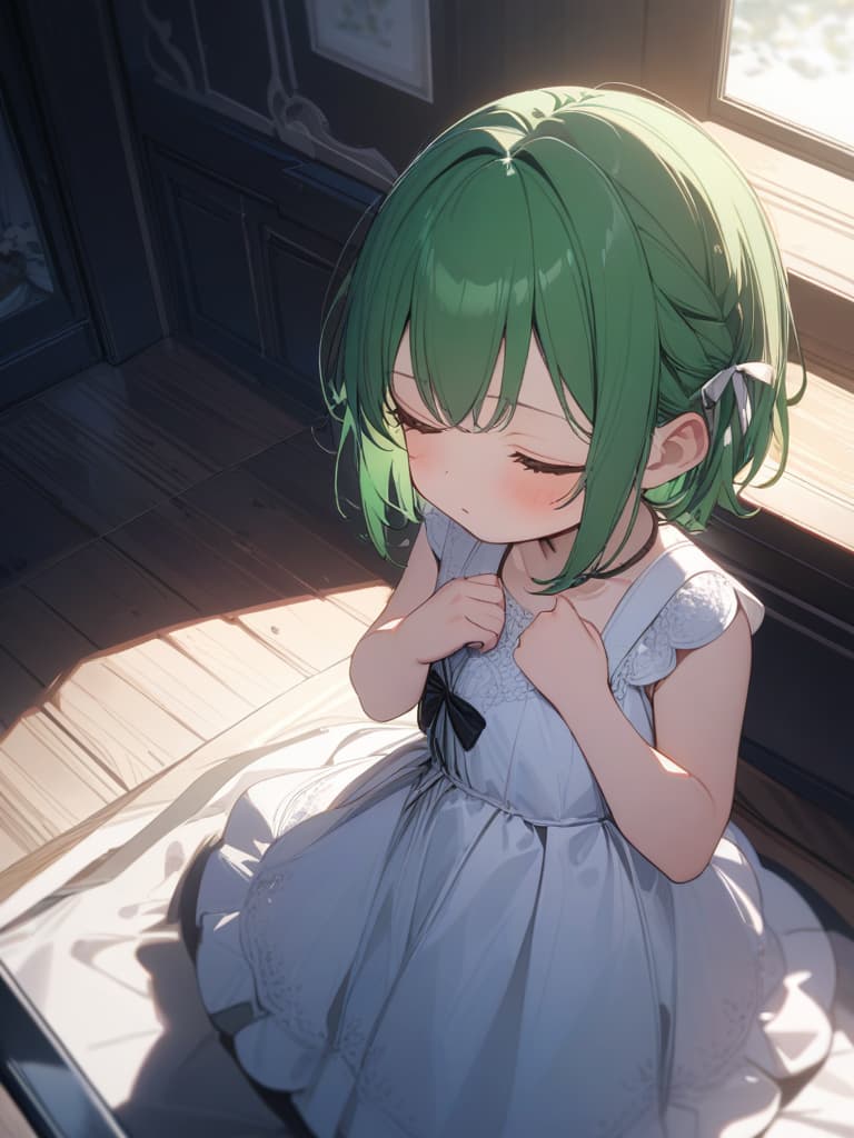  Low stature, loli, green hair, short hair, young, dress, sleep, Zundan, masterpiece, best quality,8k,ultra detailed,high resolution,an extremely delicate and beautiful,hyper detail