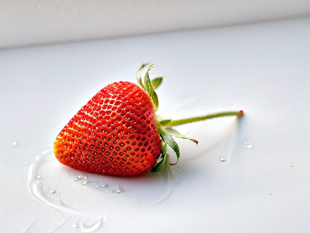  An ultradetailed image of a single, perfectly ripe strawberry glistening with dew drops, against a stark white background. The focus is on the intricate details of the strawberry's seeds, vibrant red color, and the tiny water droplets clinging to its surface, creating a visually stunning and minimalistic composition that captures the essence of natural sweetness without added sugar. hyperrealistic, full body, detailed clothing, highly detailed, cinematic lighting, stunningly beautiful, intricate, sharp focus, f/1. 8, 85mm, (centered image composition), (professionally color graded), ((bright soft diffused light)), volumetric fog, trending on instagram, trending on tumblr, HDR 4K, 8K