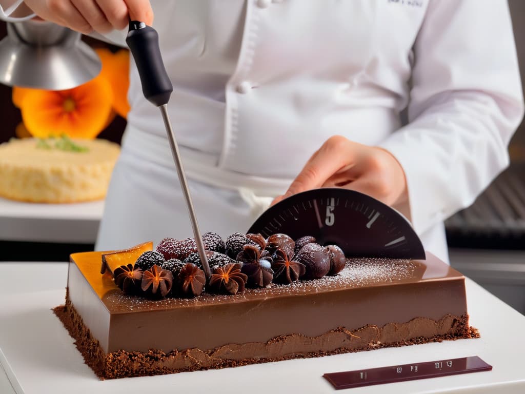  An ultradetailed 8k image of a sleek, modern kitchen with marble countertops, where an expert pastry chef is meticulously tempering chocolate using a sophisticated sugar and chocolate thermometer. The chef's hands are delicately holding the thermometer, showcasing the precision and care required in the art of pastry making. The background is softly blurred, emphasizing the elegance and focus of the chef in this precise culinary process. hyperrealistic, full body, detailed clothing, highly detailed, cinematic lighting, stunningly beautiful, intricate, sharp focus, f/1. 8, 85mm, (centered image composition), (professionally color graded), ((bright soft diffused light)), volumetric fog, trending on instagram, trending on tumblr, HDR 4K, 8K