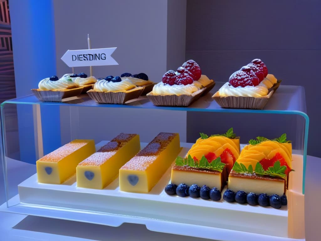  A sleek and modern dessert display featuring a variety of creatively packaged treats in elegant, eyecatching containers. hyperrealistic, full body, detailed clothing, highly detailed, cinematic lighting, stunningly beautiful, intricate, sharp focus, f/1. 8, 85mm, (centered image composition), (professionally color graded), ((bright soft diffused light)), volumetric fog, trending on instagram, trending on tumblr, HDR 4K, 8K