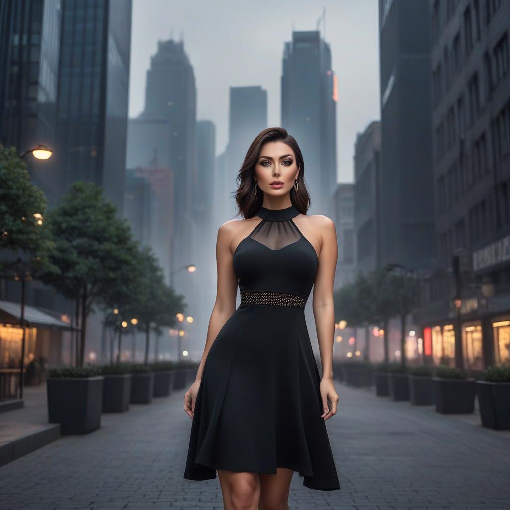  This girl is a brunette in a black dress against the backdrop of a modern city. hyperrealistic, full body, detailed clothing, highly detailed, cinematic lighting, stunningly beautiful, intricate, sharp focus, f/1. 8, 85mm, (centered image composition), (professionally color graded), ((bright soft diffused light)), volumetric fog, trending on instagram, trending on tumblr, HDR 4K, 8K