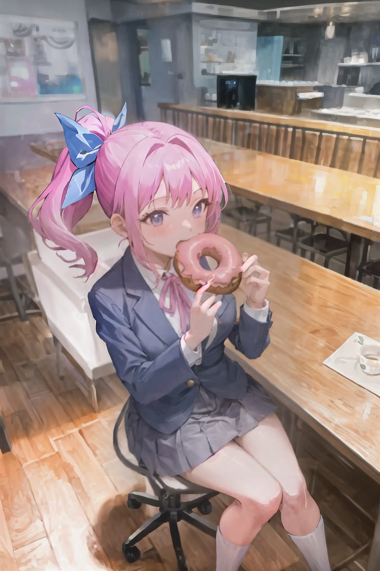  master piece , best quality,High school girl, ponytail, blue blazer, pink ribbon, eating donut