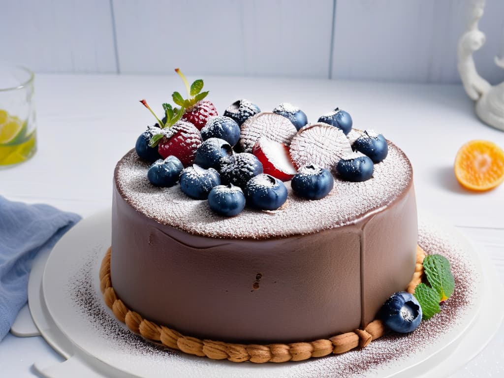  A closeup, ultradetailed image of a decadent, allergenfriendly chocolate cake topped with fresh berries, dusted with powdered sugar, and garnished with delicate mint leaves. The cake is displayed on a sleek, modern white plate against a soft, neutral backdrop, showcasing the intricate textures and vibrant colors of the dessert. hyperrealistic, full body, detailed clothing, highly detailed, cinematic lighting, stunningly beautiful, intricate, sharp focus, f/1. 8, 85mm, (centered image composition), (professionally color graded), ((bright soft diffused light)), volumetric fog, trending on instagram, trending on tumblr, HDR 4K, 8K