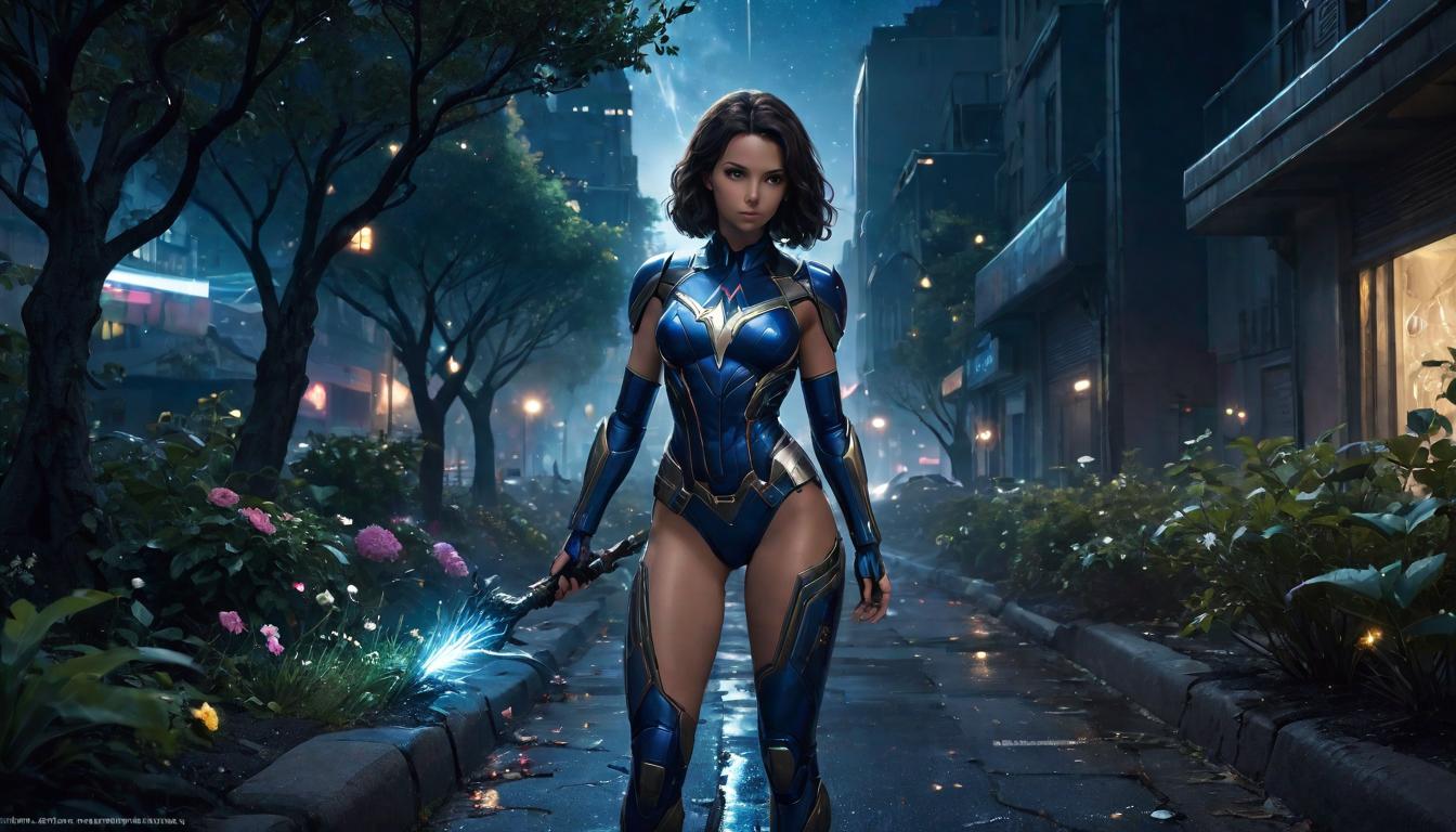  1girl, large busted attractive brunette arian female humanoid, planting a tree that blooms with lights and symbols of freedom, on fertile ground that cracks the pavement of conformity, starlit night sky inspires hope, mood: nurturing, transformative, high tech clothing clad in sleek, futuristic costume with metallic accents and form fitting designs, marvel superhero comics style, unreal engine rendering