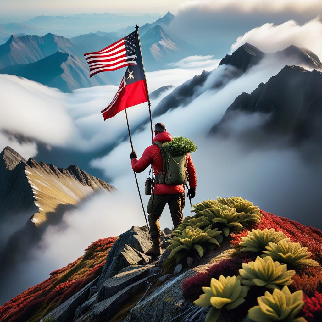  A man conquers the summit of a mountain and plants a flag on it. hyperrealistic, full body, detailed clothing, highly detailed, cinematic lighting, stunningly beautiful, intricate, sharp focus, f/1. 8, 85mm, (centered image composition), (professionally color graded), ((bright soft diffused light)), volumetric fog, trending on instagram, trending on tumblr, HDR 4K, 8K