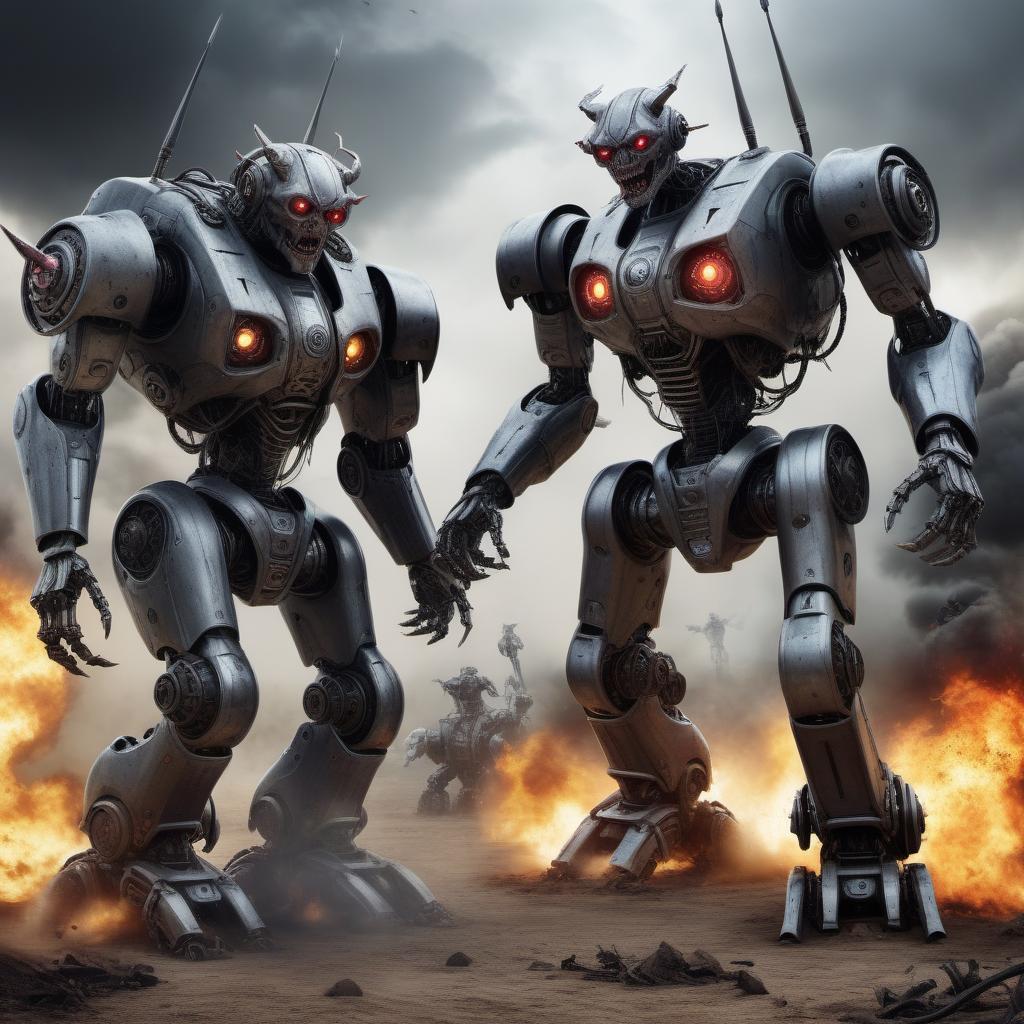  hyperrealistic art Two evil frightening battle robots demons confrontation . extremely high-resolution details, photographic, realism pushed to extreme, fine texture, incredibly lifelike