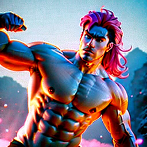  A Buff muscular Bara hunk. Retro Anime. Hot pink hair. hyperrealistic, full body, detailed clothing, highly detailed, cinematic lighting, stunningly beautiful, intricate, sharp focus, f/1. 8, 85mm, (centered image composition), (professionally color graded), ((bright soft diffused light)), volumetric fog, trending on instagram, trending on tumblr, HDR 4K, 8K