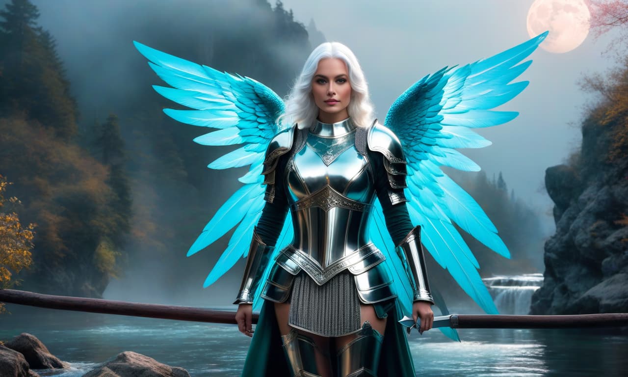  cinematic film still The general plan represents a magnificent angel girl white hair with huge turquoise wings in full pink Gothic shiny armor Milanese shiny armor, as in the paintings of Konrad Witz, of the mid 15th century with a huge Zweihander sword in her hands and huge turquoise wings stands on the bank of a river stone bridge against the background of a full moon an amazing cinematic picture depicting a stranger.mj, RTX, 4k, HDR, Anna Razumovskaya, Casey Baugh, Antonio Mora, Aminola Rezai, Giovanni Boldini, art, realistic art. double exposure, sleek and stylized silhouette of a female body on a transparent background of a female body ((nature painting)), stunning and vibrant. pure white background Happy girl with shiny armor big hyperrealistic, full body, detailed clothing, highly detailed, cinematic lighting, stunningly beautiful, intricate, sharp focus, f/1. 8, 85mm, (centered image composition), (professionally color graded), ((bright soft diffused light)), volumetric fog, trending on instagram, trending on tumblr, HDR 4K, 8K