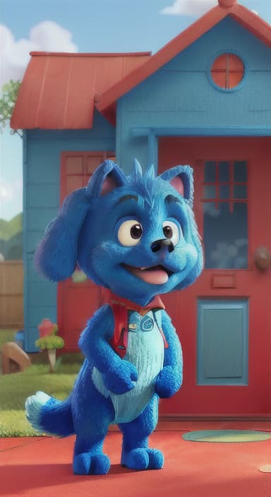  {Max the big blue dog standing in front of a cozy little house with a red door, The big blue dog is large with sky blue fur, big round eyes, a black nose, and floppy ears.