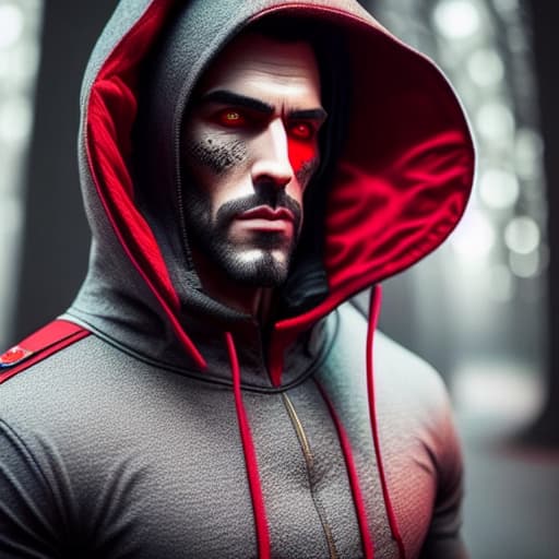  a shadow with red eyes and hood (hood is mixing of dark red and gray) hyperrealistic, full body, detailed clothing, highly detailed, cinematic lighting, stunningly beautiful, intricate, sharp focus, f/1. 8, 85mm, (centered image composition), (professionally color graded), ((bright soft diffused light)), volumetric fog, trending on instagram, trending on tumblr, HDR 4K, 8K