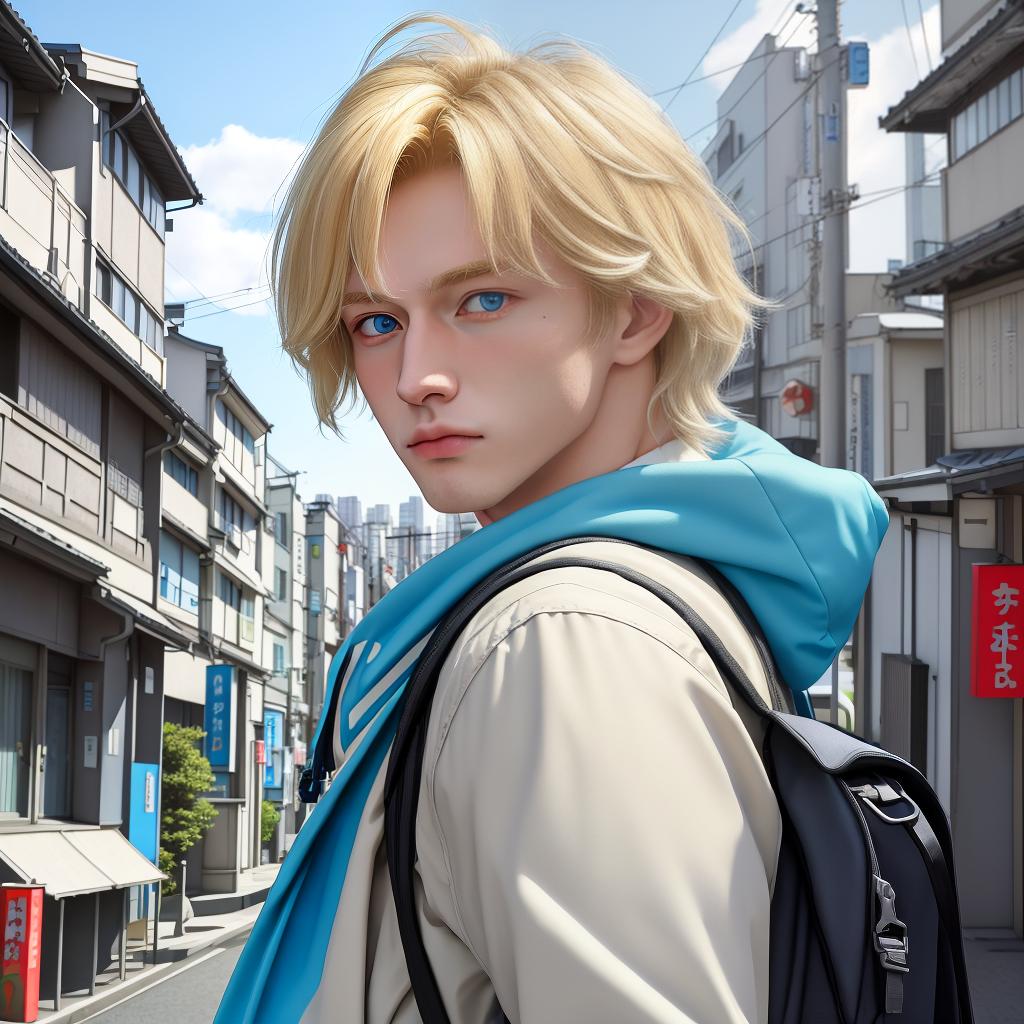  masterpiece, best quality, A captivating prompt for a photograph could be: "A Russian young male with messy blonde hair and sky blue eyes stands amidst the vibrant streets of Japan. His stunning eyes captivate the viewer as he carries a backpack, embodying the spirit of a fearless backpacker. The bustling cityscape serves as the backdrop, with its neon lights and traditional architecture creating a striking contrast. The photograph exudes a sense of adventure and curiosity, with the young man's gaze hinting at the wonders that lie ahead. Captured in a photorealistic style, this image conveys the energy and allure of both the individual and the city. Shot on Fujifilm Pro 400H, the colors are rich and vibrant, enhancing the visual impact."