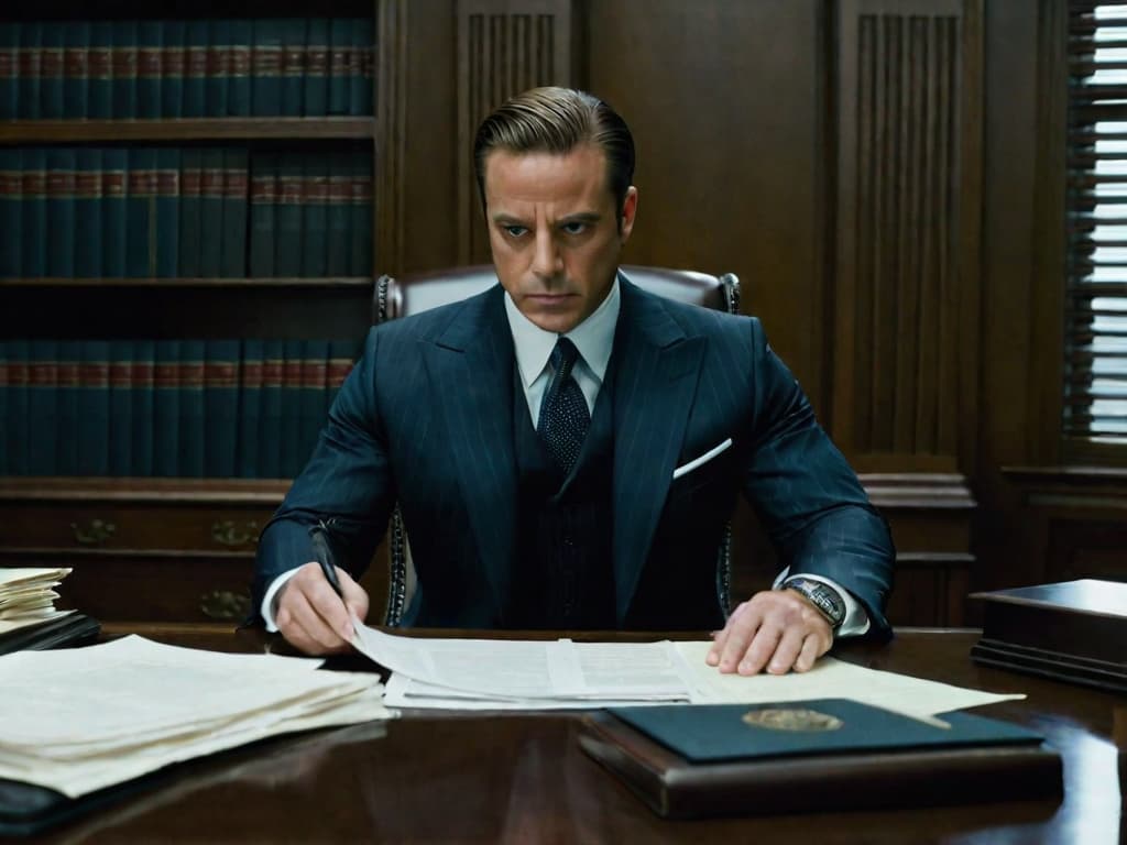  realistic photograph of an example of one of the characters in the show suits, harvey spectre played by gabirel macht as an attorney sitting behind a desk looking down at the papers in front of him