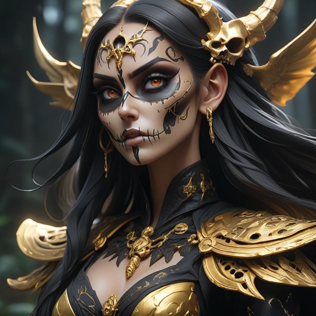  anime artwork necromancer female Aerenal Elf, gold and black robes, skull painted onto her face, face paint, skull face paint, scary, highly detailed face, highly detailed eyes, approaching perfection, dynamic, highly detailed, smooth, sharp focus, art by Carne Griffiths and Wadim Kashin, trending on artstation, sharp focus, intricate details, highly detailed, by greg rutkowski, mysterious, epic, cinematic . anime style, key visual, vibrant, studio anime, highly detailed hyperrealistic, full body, detailed clothing, highly detailed, cinematic lighting, stunningly beautiful, intricate, sharp focus, f/1. 8, 85mm, (centered image composition), (professionally color graded), ((bright soft diffused light)), volumetric fog, trending on instagram, trending on tumblr, HDR 4K, 8K