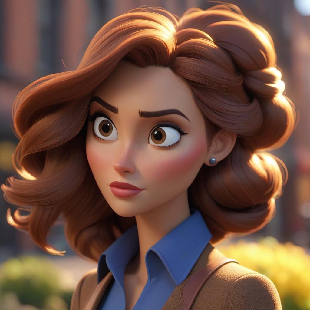  professional 3d model Draw a woman in the Pixar style: she is very thoughtful. Her hair is straight and brown. She has sharp facial features. . octane render, highly detailed, volumetric, dramatic lighting hyperrealistic, full body, detailed clothing, highly detailed, cinematic lighting, stunningly beautiful, intricate, sharp focus, f/1. 8, 85mm, (centered image composition), (professionally color graded), ((bright soft diffused light)), volumetric fog, trending on instagram, trending on tumblr, HDR 4K, 8K