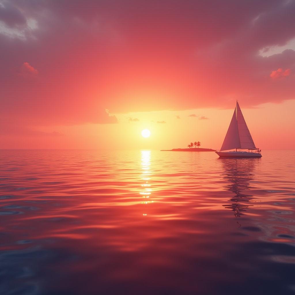  professional 3d model of a "picture a fantastic sunset over the ocean, where the sky is painted in bright shades of orange, pink and purple. on the horizon, a sailboat is seen, slowly sailing on calm water, which reflects all the colors of the sunset. in the distance, against the sky, you can discern the silhouette of a small island with palm trees., octane render, highly detailed, volumetric, dramatic lighting