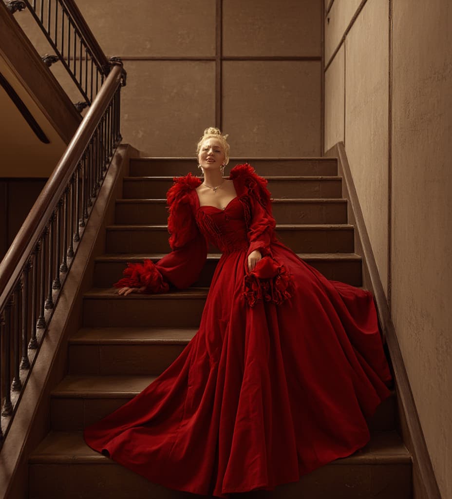  good quality, high quality, a 2 old is descending a grand staircase staircase. she is smiling. pale skin. she is . she is wearing a very big and long extravagant and gorgeous red . she is wearing extravagant jewelry. she is . her s are . enormous, mive s. her entire body is shown including her feet. photo.