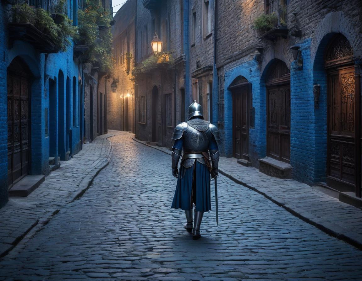  A knight walks on the street of the Old Town, the road is paved with blue brick, and behind the knight are dark creatures. hyperrealistic, full body, detailed clothing, highly detailed, cinematic lighting, stunningly beautiful, intricate, sharp focus, f/1. 8, 85mm, (centered image composition), (professionally color graded), ((bright soft diffused light)), volumetric fog, trending on instagram, trending on tumblr, HDR 4K, 8K