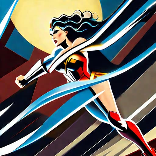 Editorial Illustration of Wonder Woman soaring through the sky in a dynamic state, evoking strength and courage while engaged in an intense battle. The scene unfolds against a backdrop of stormy clouds, symbolizing the resilience of women, illuminated by dramatic lighting showcasing her power. Employ a bold and dynamic illustration style that aligns with the superhero genre, utilizing a balanced composition to capture the action. Infuse the palette with vibrant shades of bold red, electric blue, and golden hues to evoke a sense of excitement, empowerment, and awe.