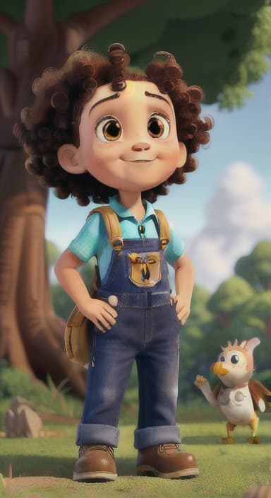  {Riley looking up at the tree with a big smile, animals surrounding them., Riley, a curious with big brown eyes and curly hair, wearing overalls and carrying a small backpack. Their friend, Skye, a bluebird with shiny feathers.