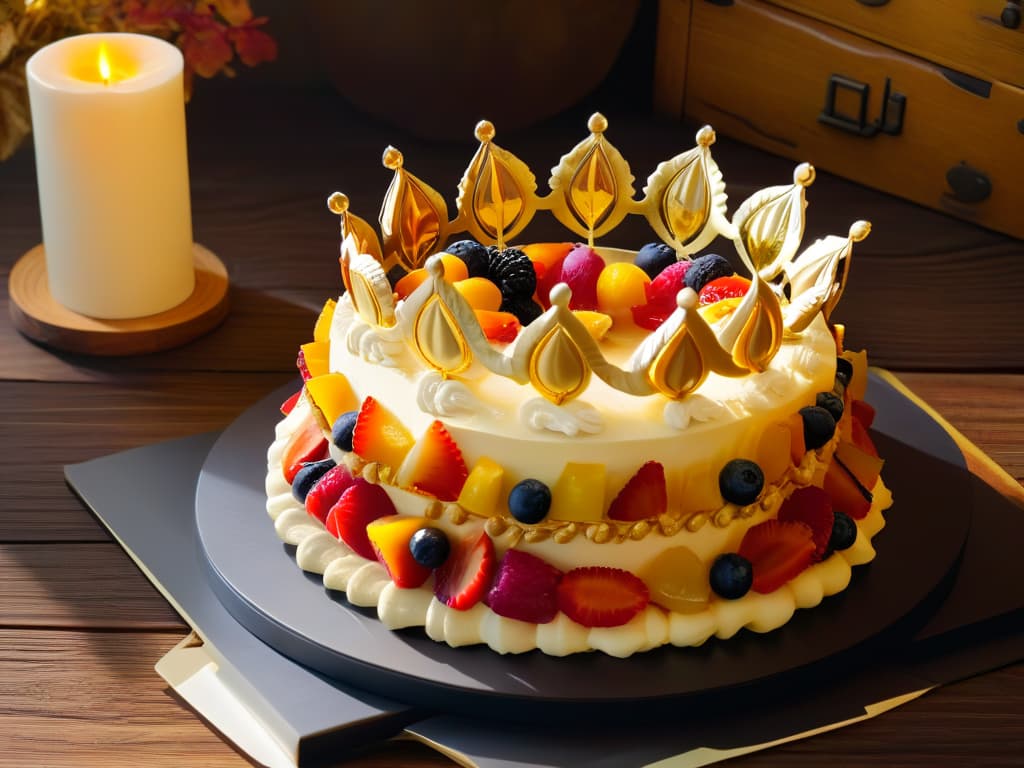  An intricately designed Roscón de Reyes placed on a rustic wooden table, adorned with vibrant candied fruits and a golden paper crown, set against a simple, elegant background to highlight the traditional Spanish cake's cultural significance and festive allure. hyperrealistic, full body, detailed clothing, highly detailed, cinematic lighting, stunningly beautiful, intricate, sharp focus, f/1. 8, 85mm, (centered image composition), (professionally color graded), ((bright soft diffused light)), volumetric fog, trending on instagram, trending on tumblr, HDR 4K, 8K