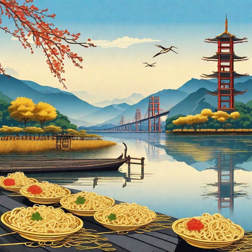  Yellow Crane Tower as the main body, interspersed with simple Yangtze River Bridge and delicious hot dry noodles, with sparkling lake surface and blue sky as the background, national tide wind