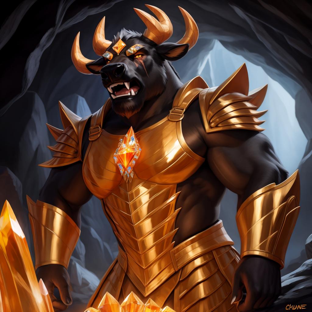  By chunie, by Meesh, 3d, portrait, full view, full body, detailed eyes, glowing eyes:2, sharp detail, masterpiece, crystallized amber horns:2, photorealistic:2, solo, anthro, male, black bull, scar on face, large muzzle, a black bull meditate in a large amber crystal cave(amber glowing crystal), casting a huge glowing earth spell:2, roaring, angry face:2, yelling, serious face:2, rage, enraged:2, sparkling amber crystal armor:2, surrounded by glowing amber crystals:2, glowing crystals in background:2, ultra detailed glowing amber crystals, ultra detailed sparkling amber crystal armor:2, sfw, thick body:2, muscular body:2, large body:2, stare at the camera, open eyes, digital art, masterpiece, 4k, fine details,