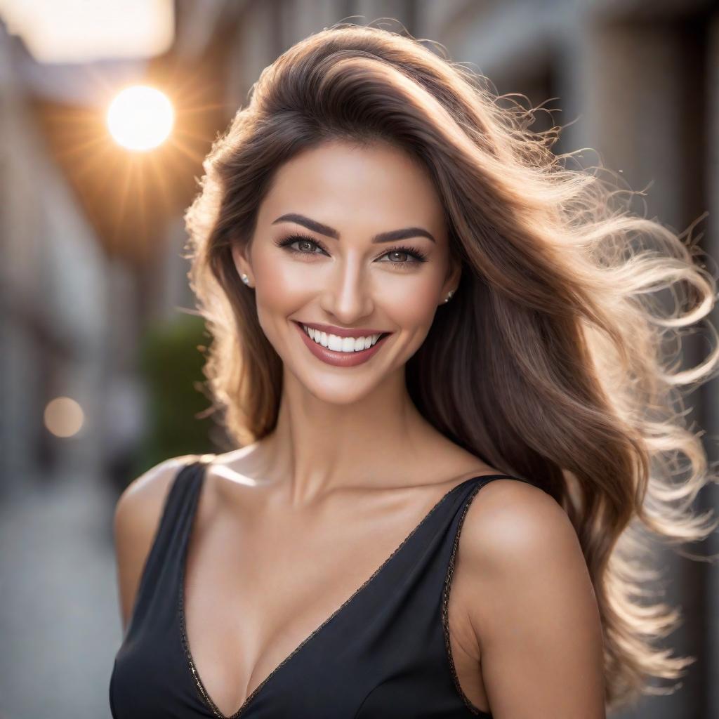  A realistic photo of a woman smiling and showing her silver teeth. The focus is on her face. She has a natural and genuine smile. The background is blurred to keep the attention on her smiling face. hyperrealistic, full body, detailed clothing, highly detailed, cinematic lighting, stunningly beautiful, intricate, sharp focus, f/1. 8, 85mm, (centered image composition), (professionally color graded), ((bright soft diffused light)), volumetric fog, trending on instagram, trending on tumblr, HDR 4K, 8K