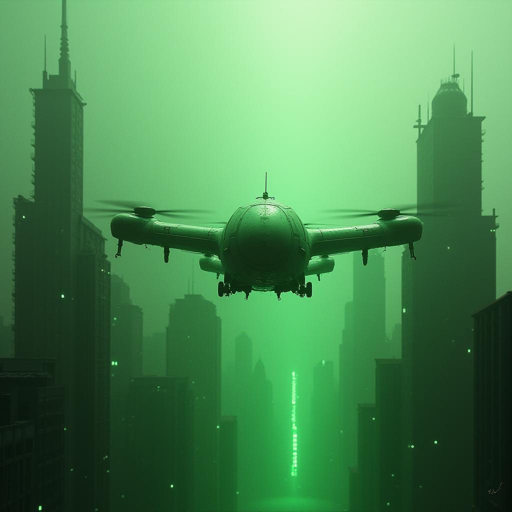  flying cars, green toxic cityscape