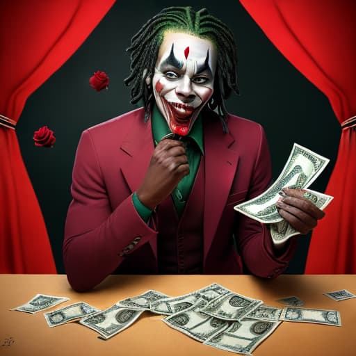  Black joker with locs counting money with a red rose on a desk