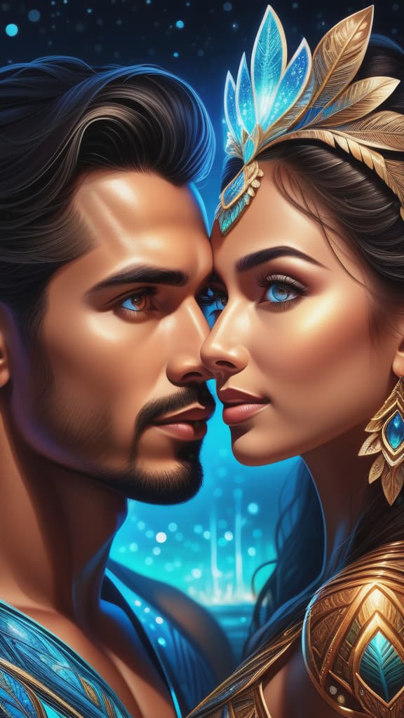  photo RAW,HD,8K, (Ultra detailed illustration of a realistic beautiful hispanic couple with highly detailed captivating eyes lost in a magical world of wonders, glowy, incredibly detailed, night, ( add 8k UHD depth to background:1.5), bioluminescence, ultrarealistic, hyperrealistice:  (shiny aura, highly detailed, intricate motifs, perfect composition, smooth, sharp focus, sparkling particles, background Realistic, In a captivating art piece, a whimsical virtual regal amoeba blob creature takes center stage, This vibrant  image showcases a charming and charismatic character, reminiscent of a blob-like organism. The virtual creation is brought to life with vivid colors and impeccable detailing, capturing every intricate texture and contour.  hyperrealistic, full body, detailed clothing, highly detailed, cinematic lighting, stunningly beautiful, intricate, sharp focus, f/1. 8, 85mm, (centered image composition), (professionally color graded), ((bright soft diffused light)), volumetric fog, trending on instagram, trending on tumblr, HDR 4K, 8K