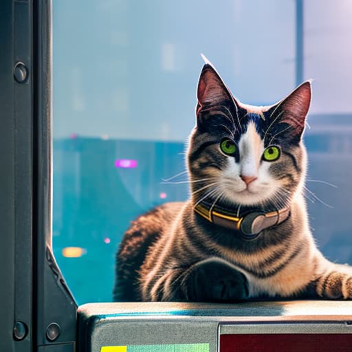 nvinkpunk Realistic image of a cat wearing headphones and reading glasses while riding a bus. hyperrealistic, full body, detailed clothing, highly detailed, cinematic lighting, stunningly beautiful, intricate, sharp focus, f/1. 8, 85mm, (centered image composition), (professionally color graded), ((bright soft diffused light)), volumetric fog, trending on instagram, trending on tumblr, HDR 4K, 8K