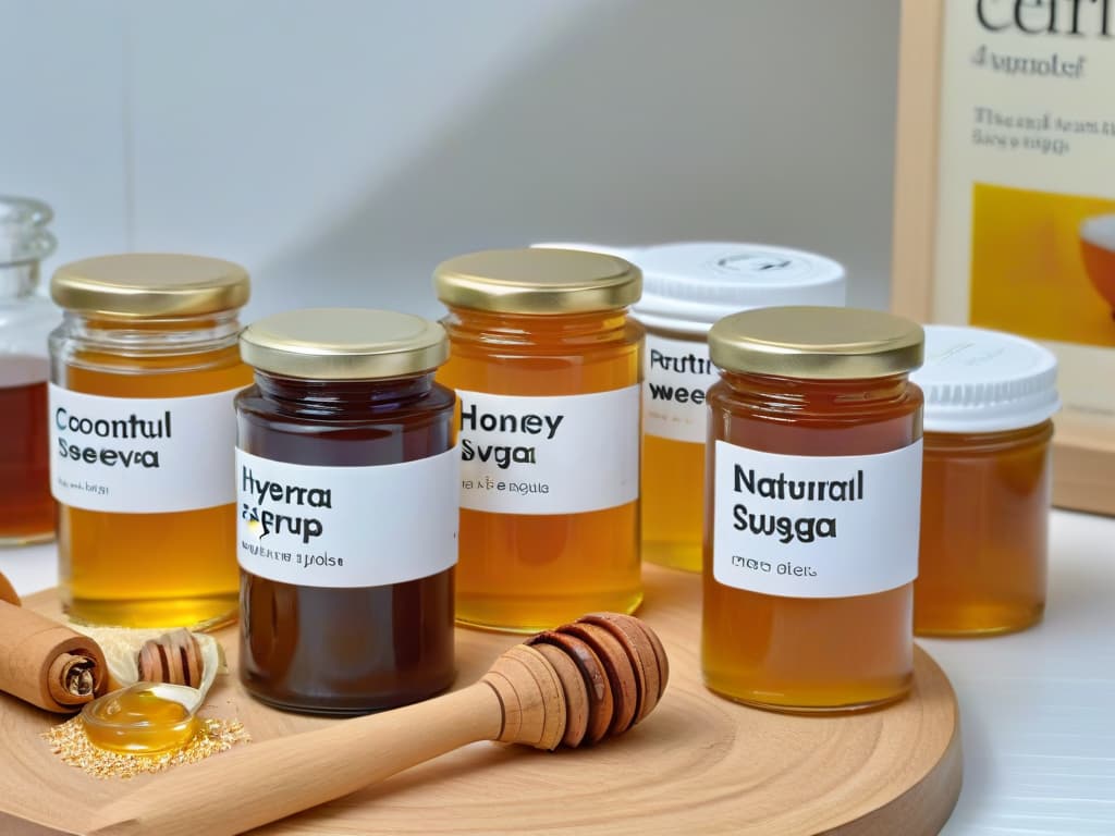  A beautifully arranged flat lay image showcasing an assortment of natural sweeteners commonly used in baking, including honey, maple syrup, coconut sugar, and stevia leaves. Each sweetener is placed in small, clear glass jars with elegant labels, neatly arranged on a light wooden surface. The soft, diffused natural light highlights the textures and colors of the sweeteners, creating a visually appealing and inviting composition. hyperrealistic, full body, detailed clothing, highly detailed, cinematic lighting, stunningly beautiful, intricate, sharp focus, f/1. 8, 85mm, (centered image composition), (professionally color graded), ((bright soft diffused light)), volumetric fog, trending on instagram, trending on tumblr, HDR 4K, 8K