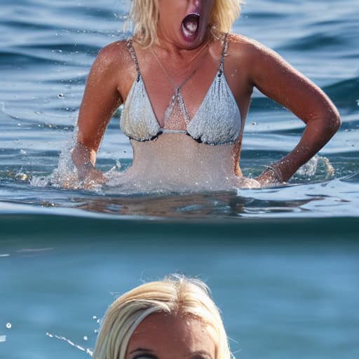  tanned blonde woman drowning and sinking in the water the water is up to her nose she's screaming and panic