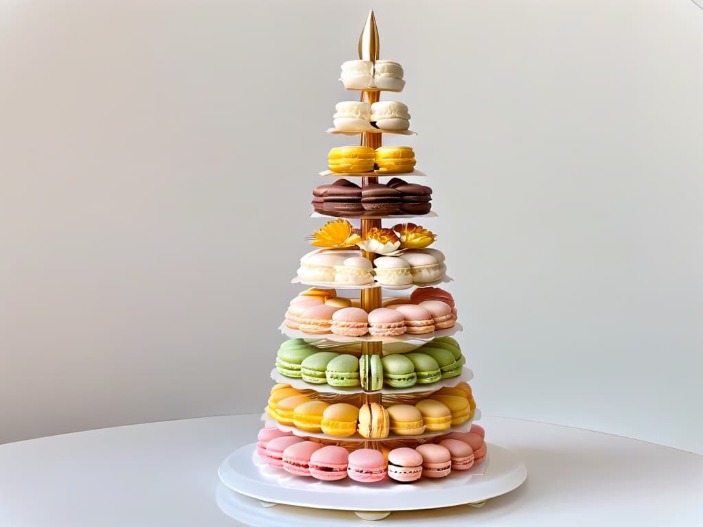  A closeup, ultrahigh resolution image of a delicate, perfectly balanced macaron tower, showcasing a variety of pastel colors and intricate designs, set against a simple, elegant white background. hyperrealistic, full body, detailed clothing, highly detailed, cinematic lighting, stunningly beautiful, intricate, sharp focus, f/1. 8, 85mm, (centered image composition), (professionally color graded), ((bright soft diffused light)), volumetric fog, trending on instagram, trending on tumblr, HDR 4K, 8K