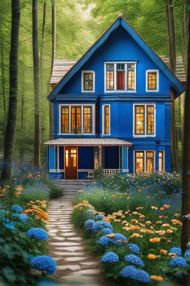  Capture a moment in time with a generated, well-structured photograph. Enhance the scene with your unique ideas, turning it into a personalized masterpiece: Blue house in forest with flowers