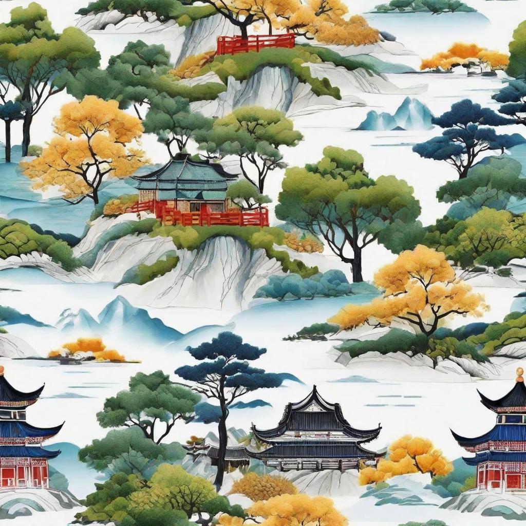  masterpiece, best quality,Qipao style white background, embroidered landscape pattern