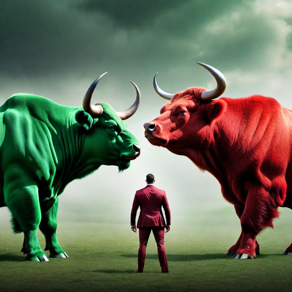  An intense scene where a green bull, symbolizing bullish stock market trends, and a red bear, representing bearish market trends, are facing off as though about to fight. The bull should look like the male cow, muscular and imposing. Both animals should have aggressive expressions capturing the tension of competing market forces. In the background, there needs to be an abstract representation of a stock market chart with lines signifying market fluctuations, adding to the dramatic effect of the standoff. hyperrealistic, full body, detailed clothing, highly detailed, cinematic lighting, stunningly beautiful, intricate, sharp focus, f/1. 8, 85mm, (centered image composition), (professionally color graded), ((bright soft diffused light)), volumetric fog, trending on instagram, trending on tumblr, HDR 4K, 8K