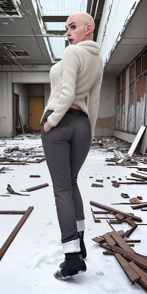  bald-girl, in winter clothes, with her back, takes off her pants, in an abandoned building, winter